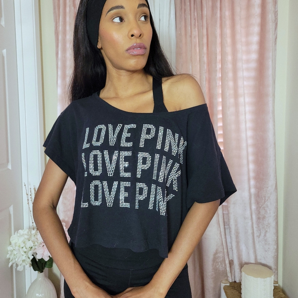 PINK Victoria's Secret Black Asymmetrical Crop Tee